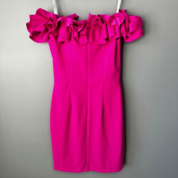 Nwt Aqua Formal Off the Shoulder Fuschia Ruffle Dress Womens Sz 4 Bloomingdales - Picture 3 of 5